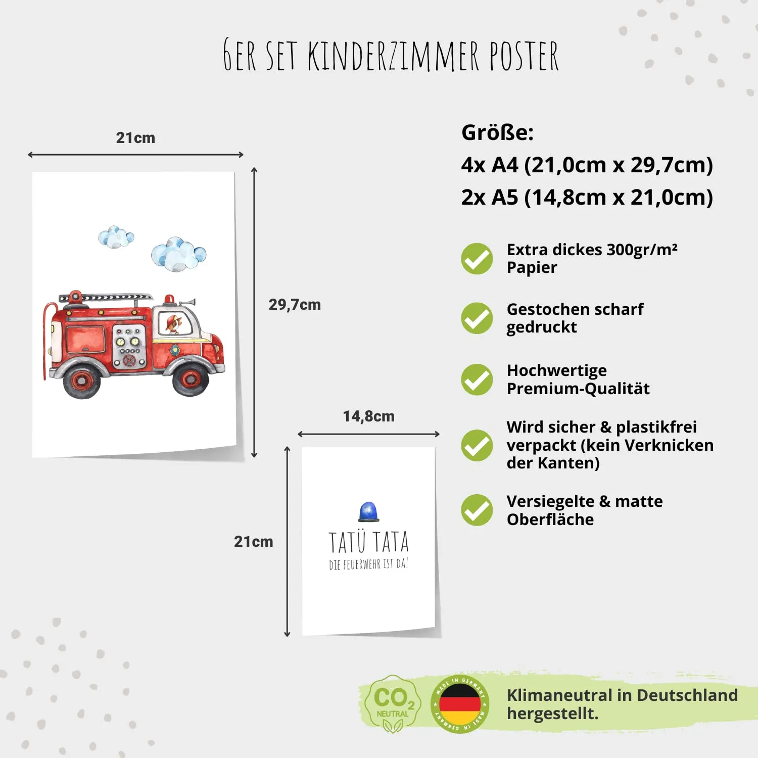 MeinBaby123 Poster Kinderzimmer 6er A4 A5 Feuerwehr matt