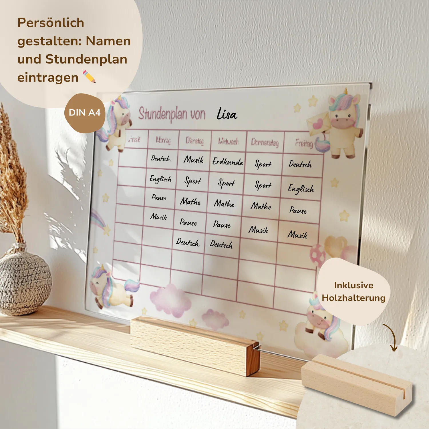 MeinBaby123 Stundenplan Acryl Einhörner A4 mit Halterung