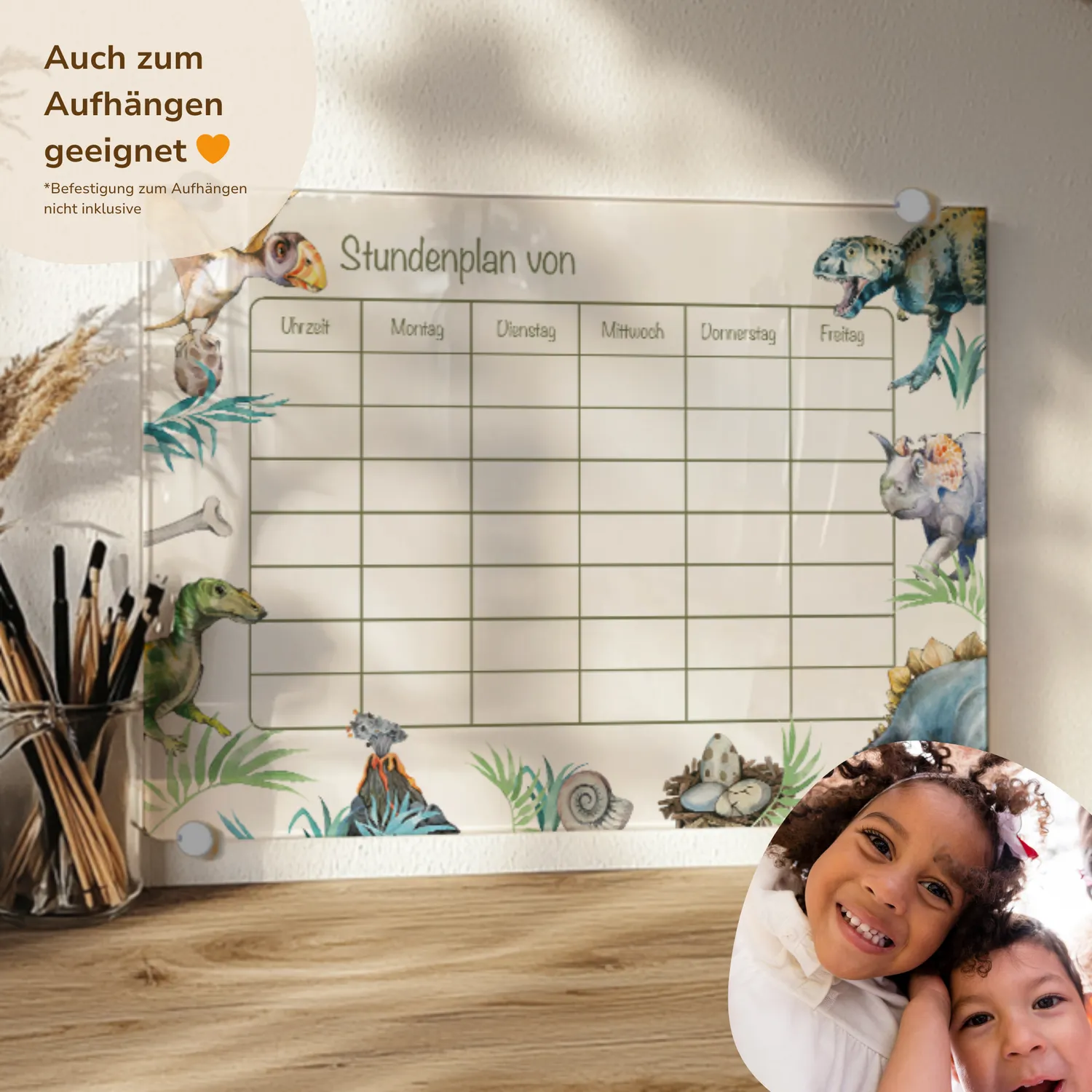 MeinBaby123 Stundenplan Dinos Acryl A4 mit Holzhalterung abwischbar
