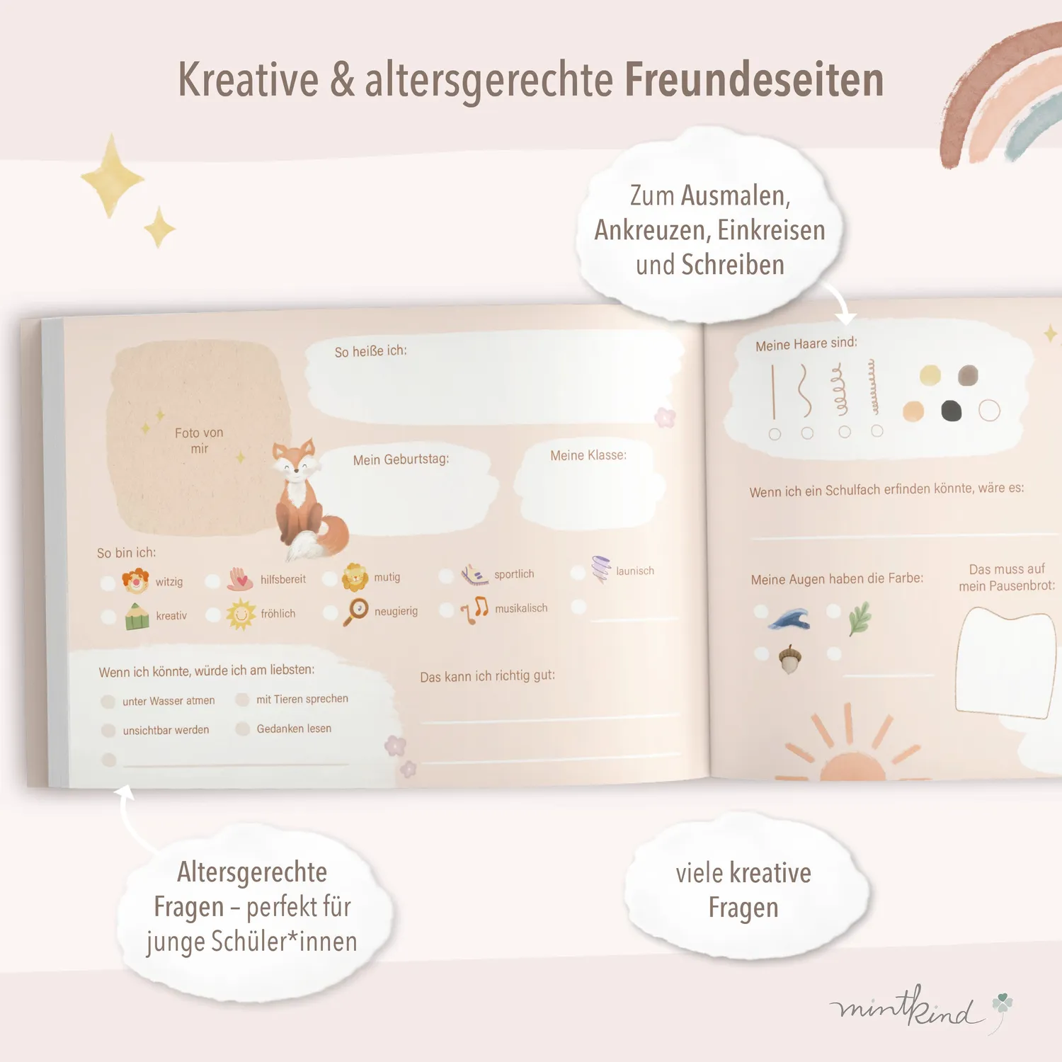 MINTKIND Freundebuch Grundschule Boho Waldtiere 30 Freunde