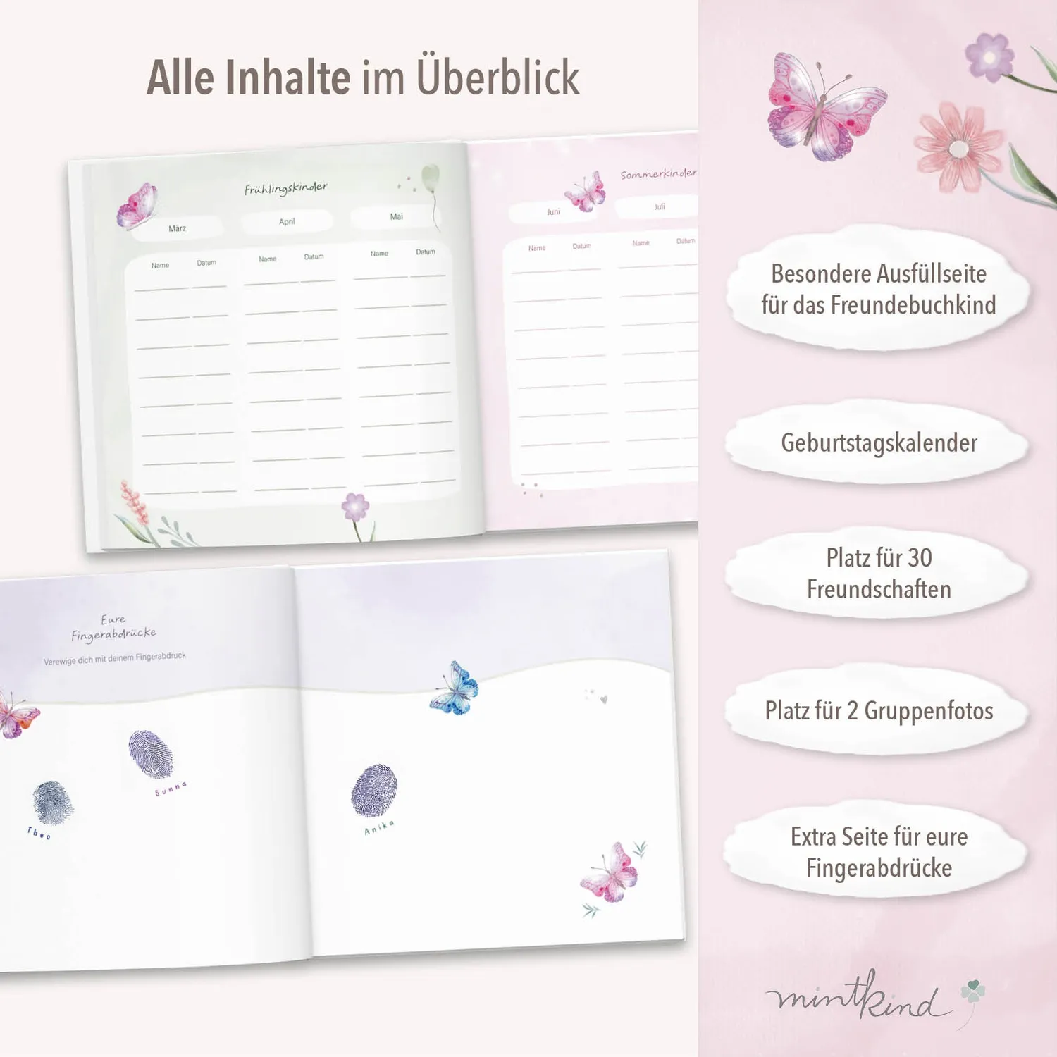 MINTKIND Freundebuch Schule Blumen 21x21 für 30 Freunde