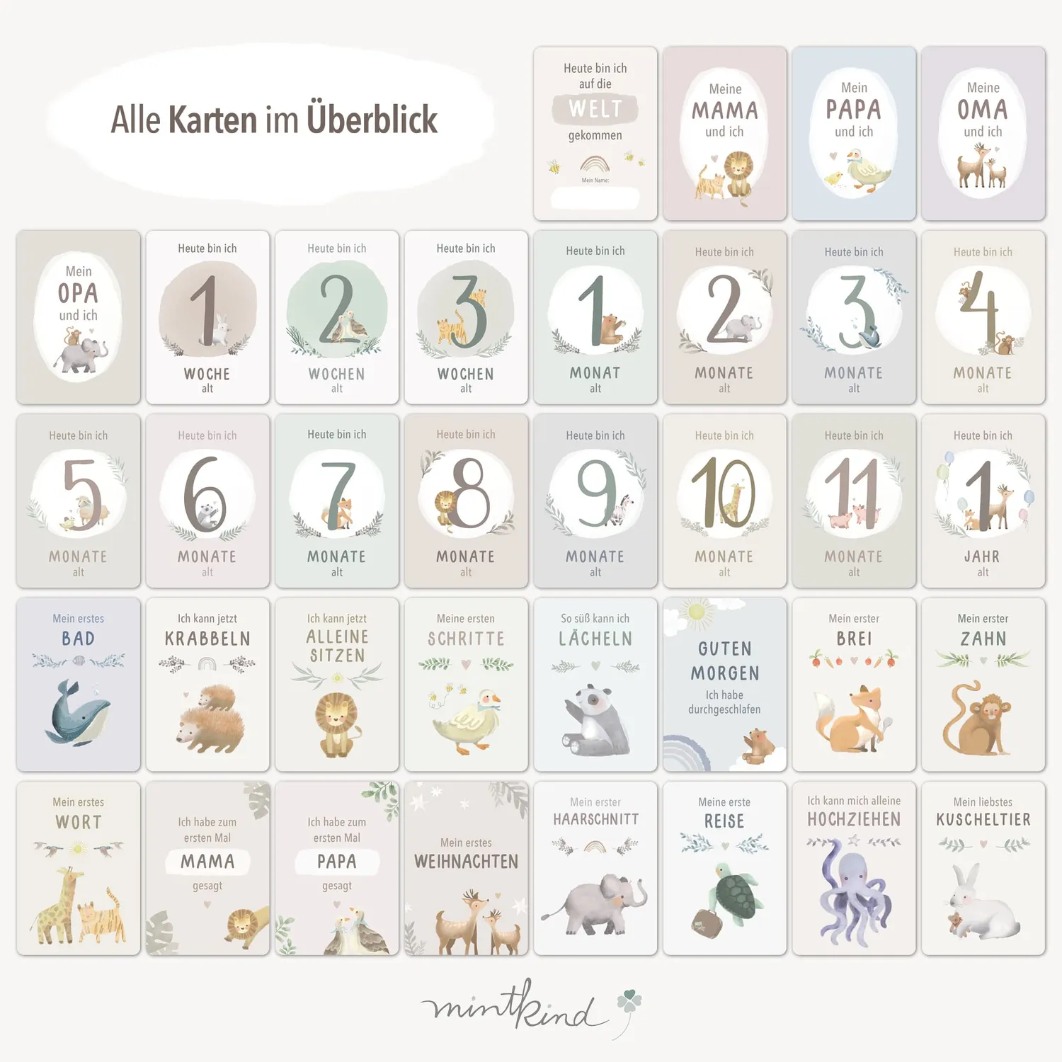 MINTKIND Meilensteinkarten Baby erstes Jahr 32 Karten