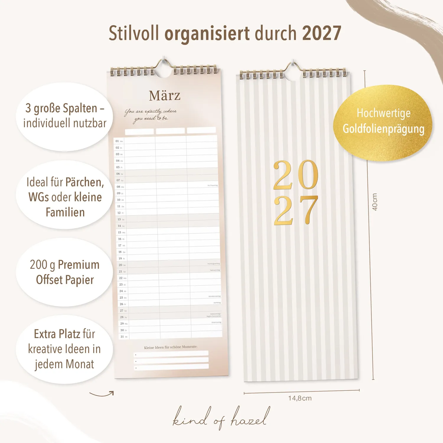 kind of hazel Wandkalender 2027 Leo Spaltenkalender 14,8x40
