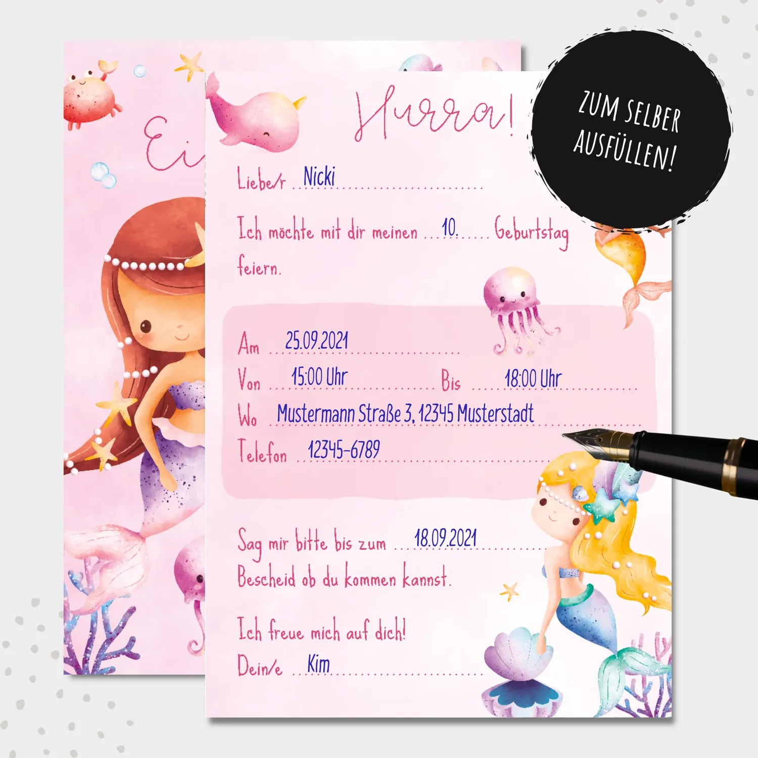 MeinBaby123 Kindergeburtstag Einladungskarten Meerjungfrau 10er Set