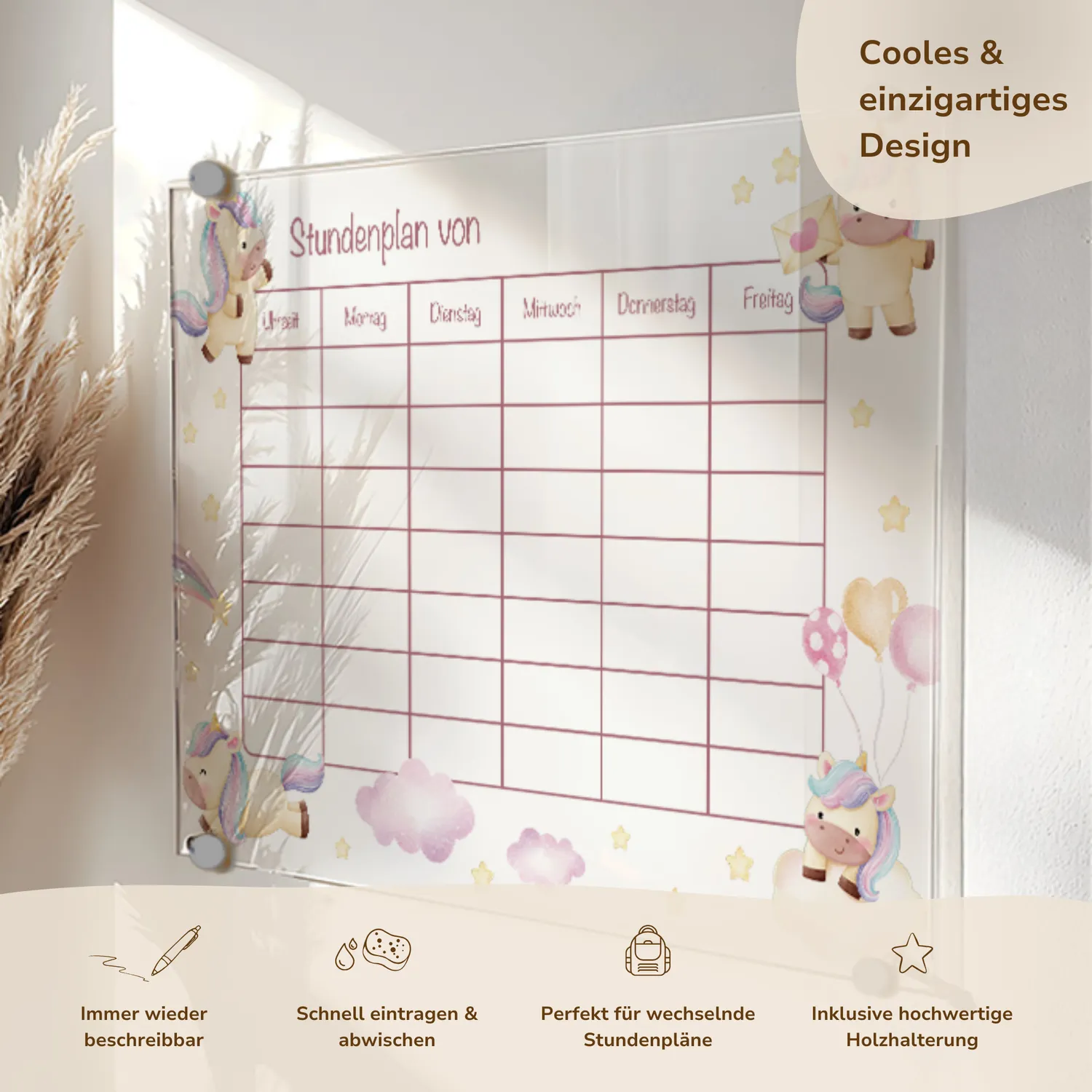 MeinBaby123 Stundenplan Acryl Einhörner A4 mit Halterung