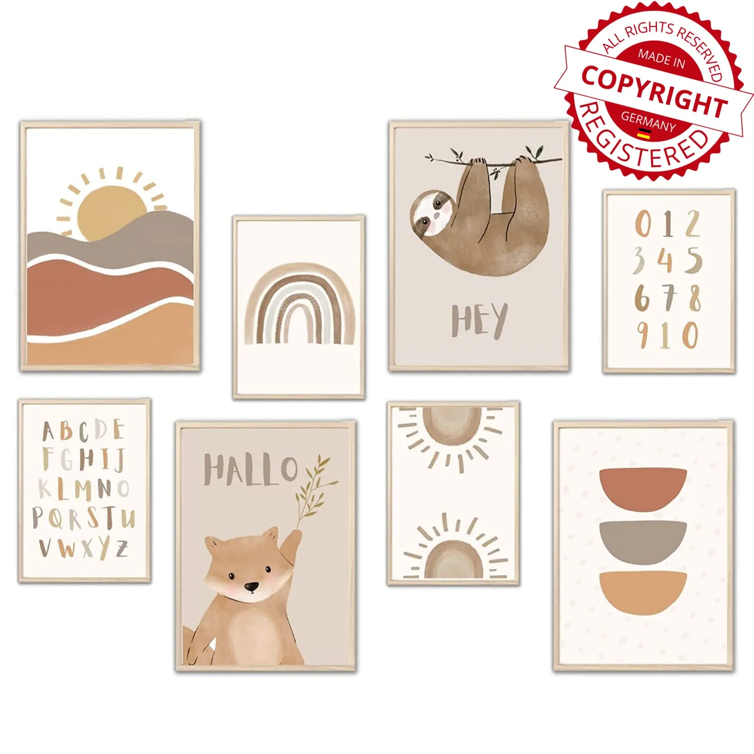 MeinBaby123 Kinderzimmerposter 8er Set A4 Faultier Bär