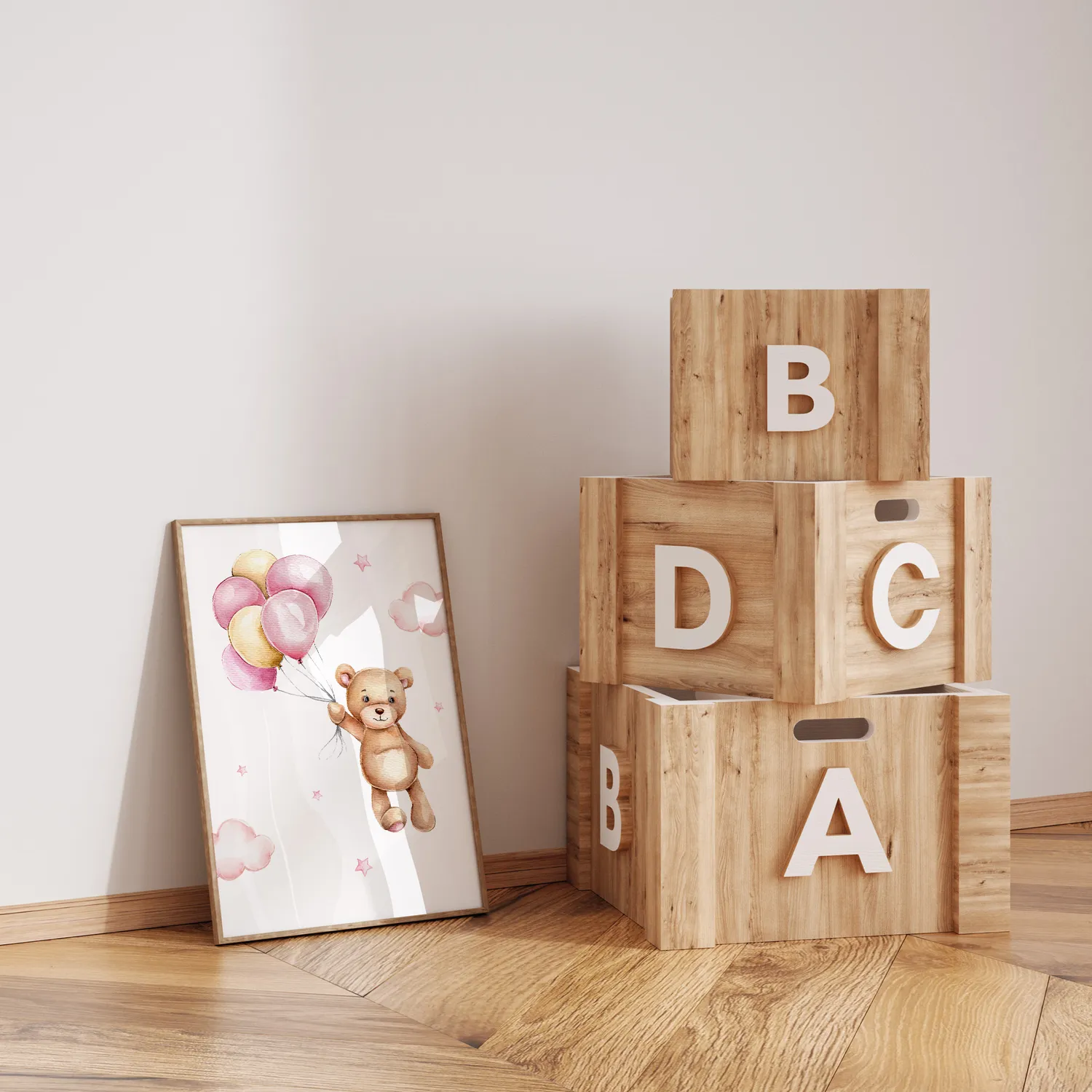MeinBaby123 Bär & Regenbogen Poster Kinderzimmer 3er Set A4 rosa
