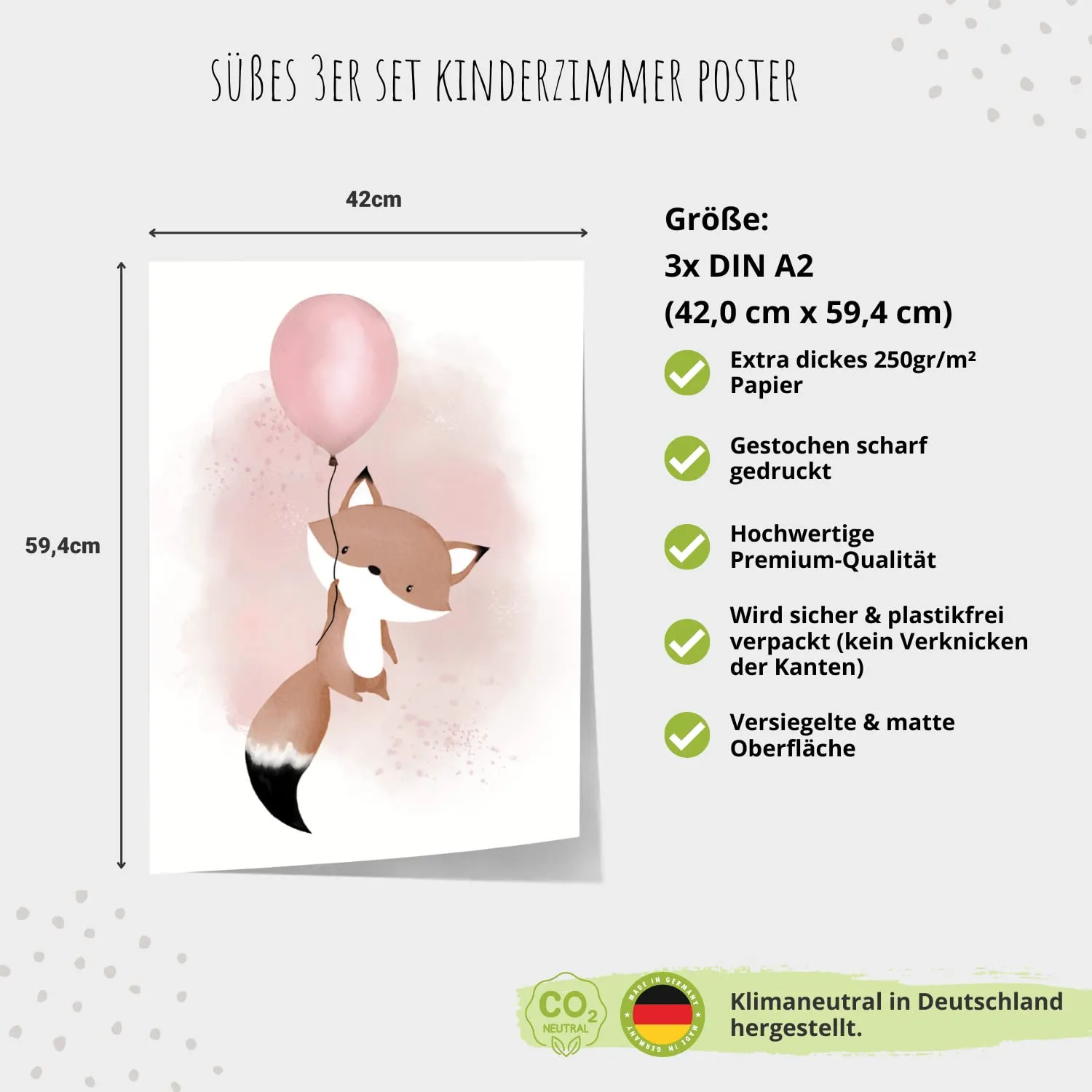 MeinBaby123 Kinderzimmerposter Fuchs Rosa A2 3er-Set matt
