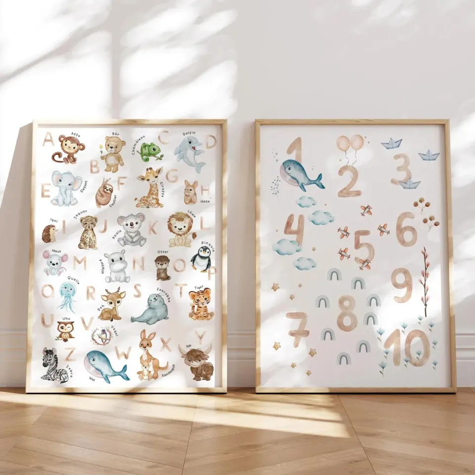 MeinBaby123 Lernposter ABC Zahlen Poster 2er Set A4 Tiere