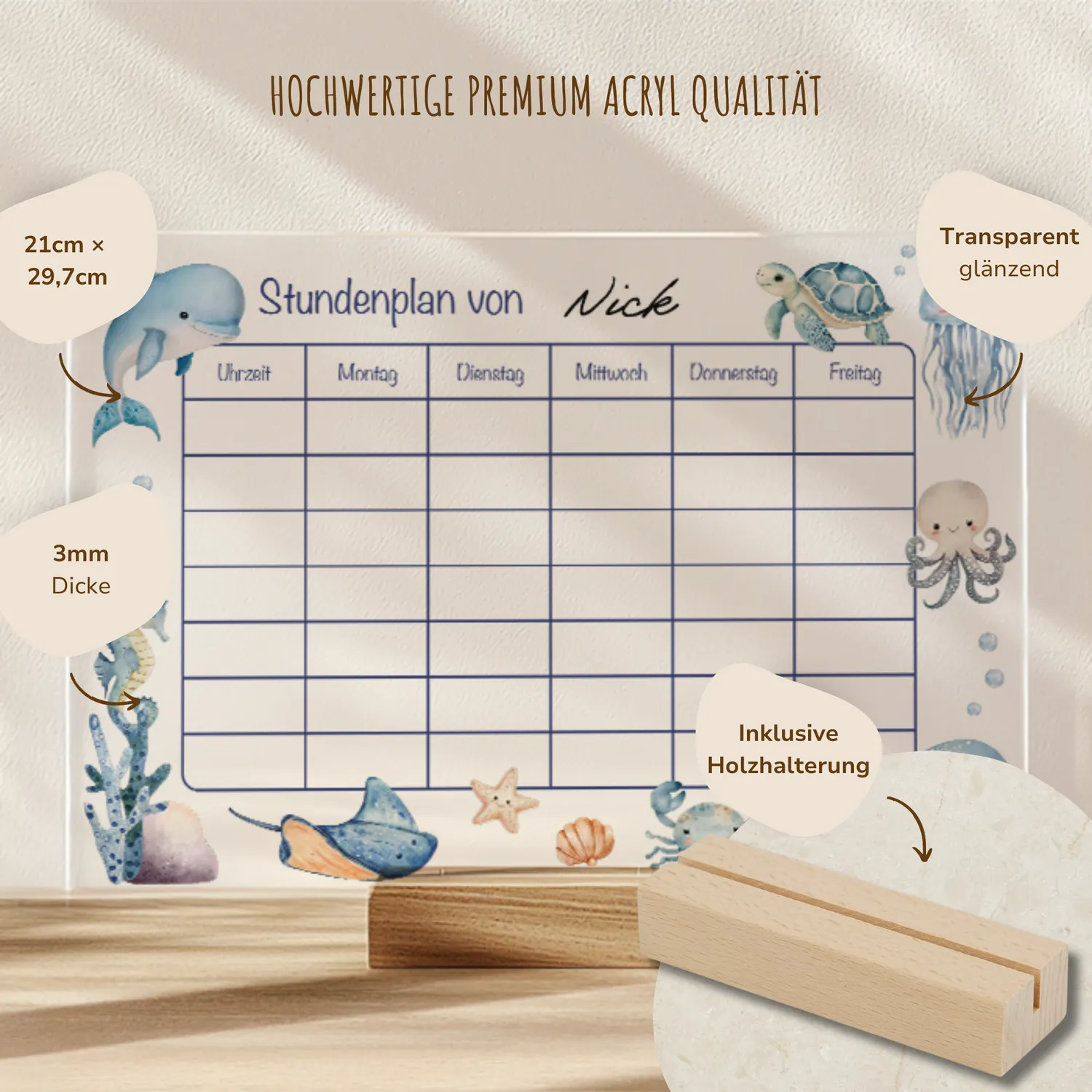 MeinBaby123 Unterwasserwelt Stundenplan Acryl A4 Holzhalterung