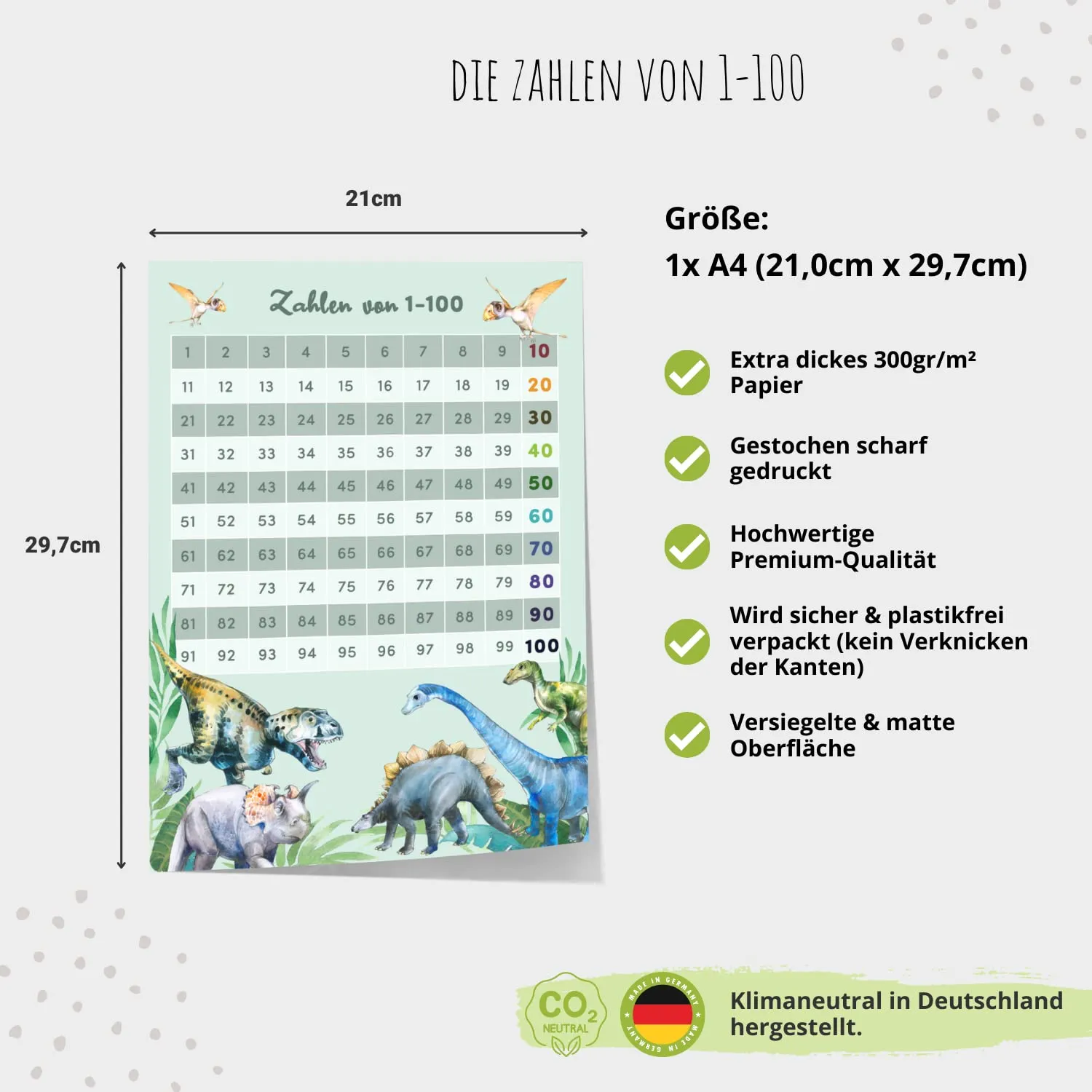 MeinBaby123 Dino Lernposter Zahlen 1-100 A4