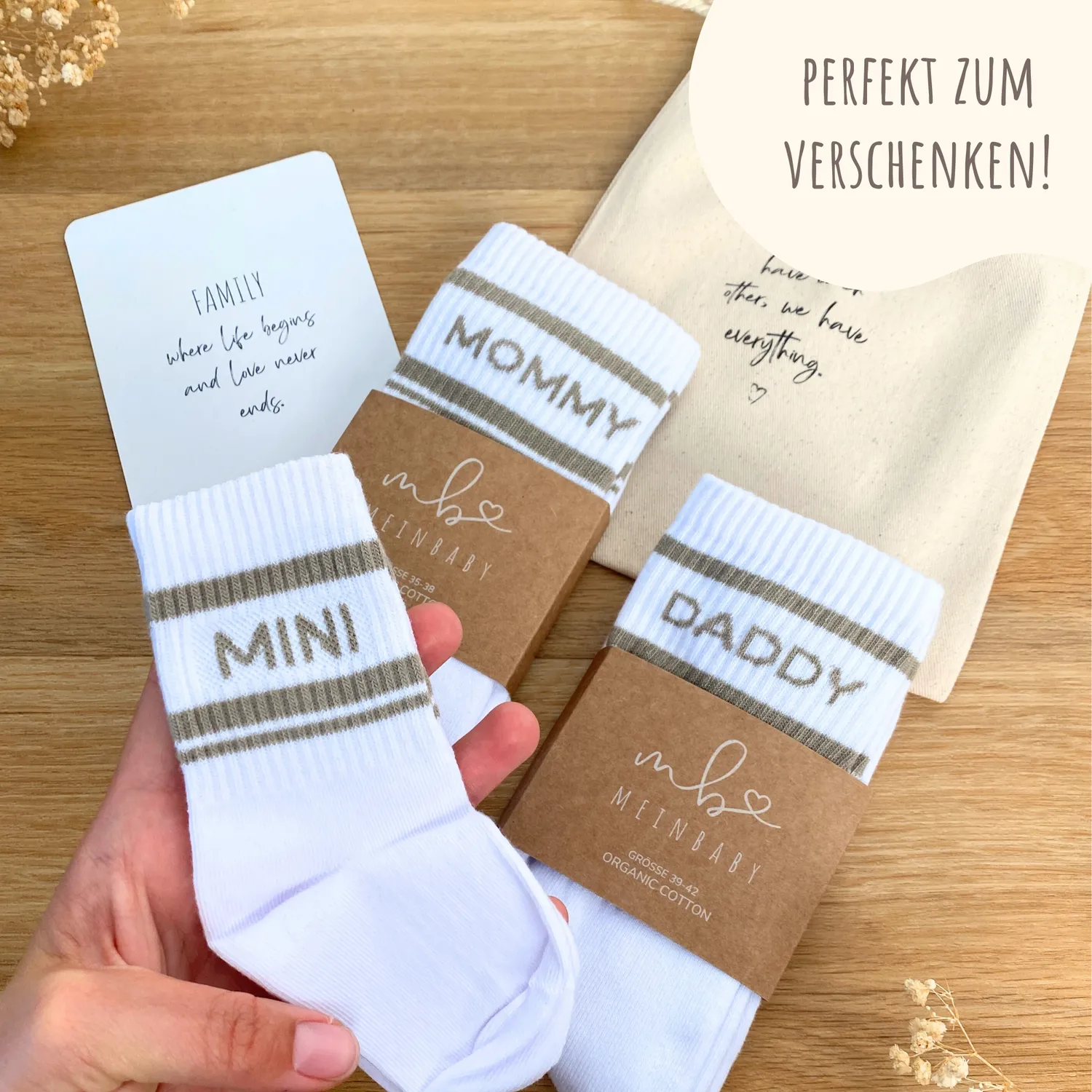 MeinBaby123 Retro-Socken Mommy Daddy Mini 3er Set Beige Bio