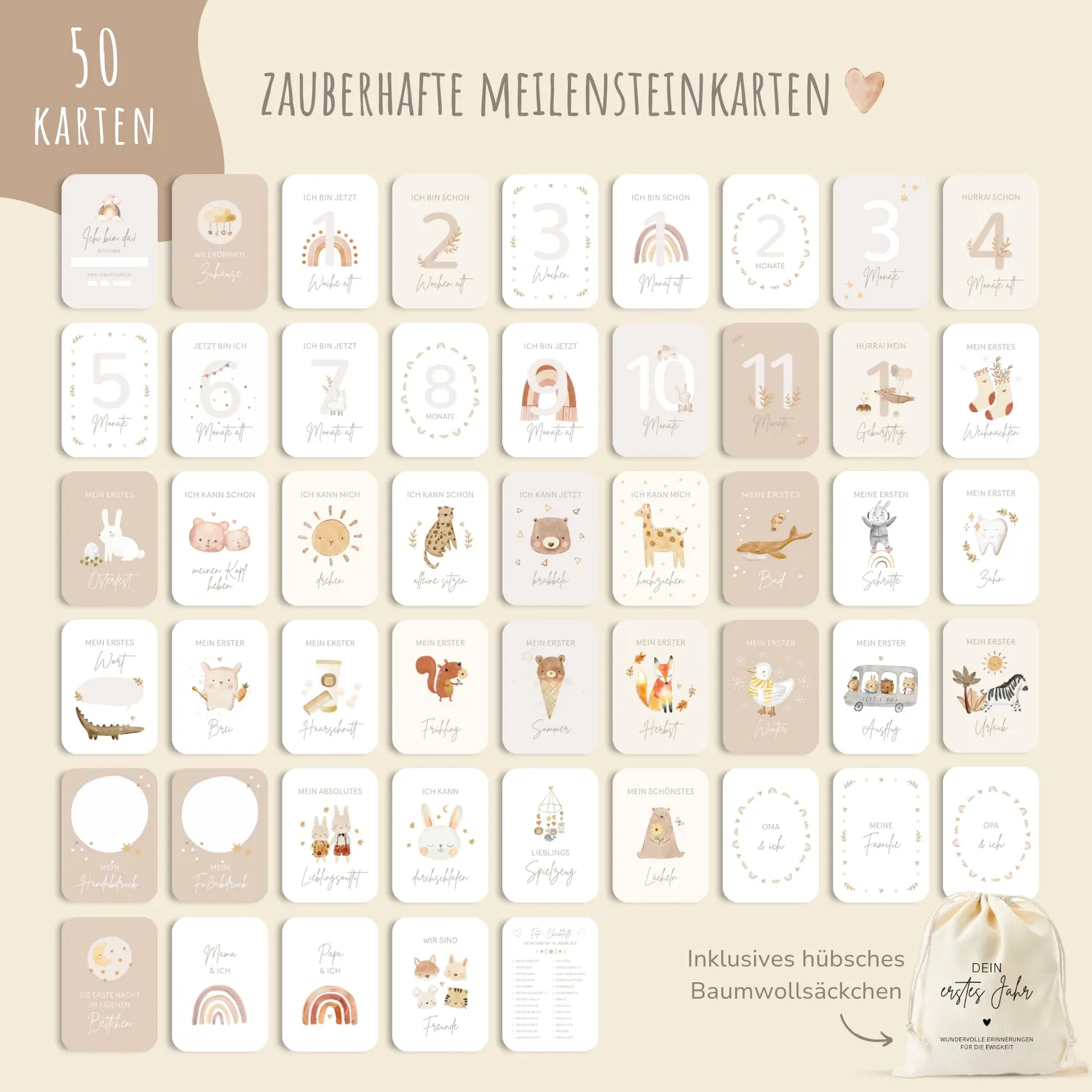 MeinBaby123 Dein erstes Jahr Meilensteinkarten 50er beige Boho