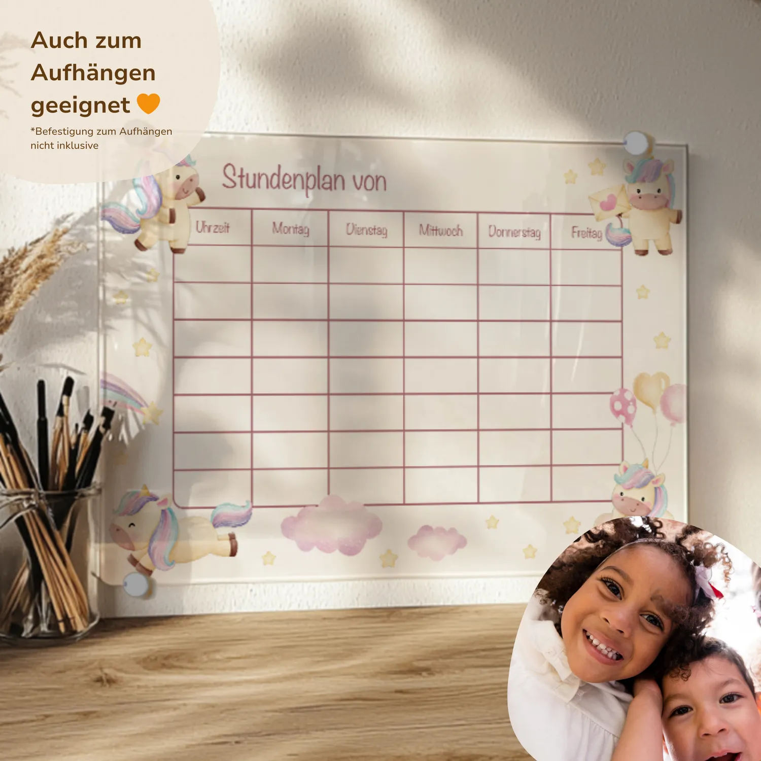 MeinBaby123 Stundenplan Acryl Einhörner A4 mit Halterung