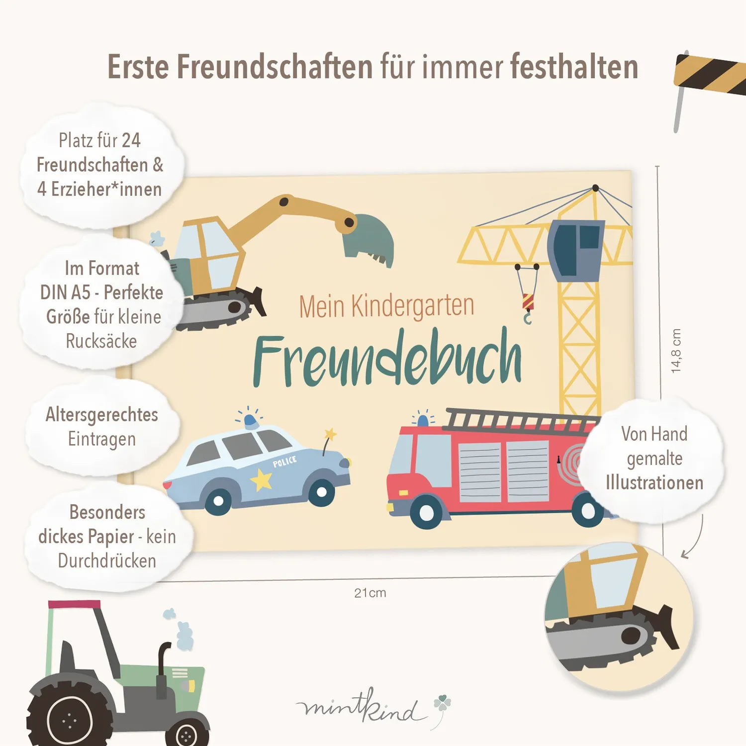 MINTKIND Kindergarten Freundebuch Fahrzeuge Hardcover 24 Freunde