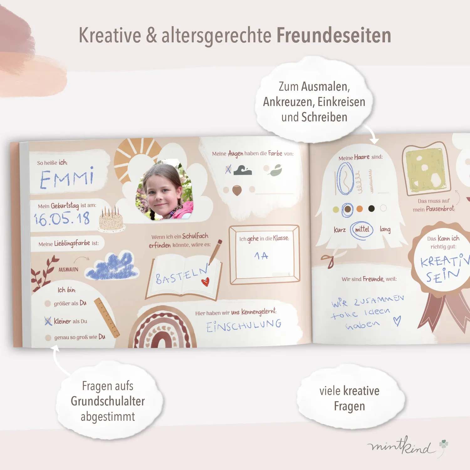 MINTKIND Freundebuch Grundschule Regenbogen Mint 80 Seiten