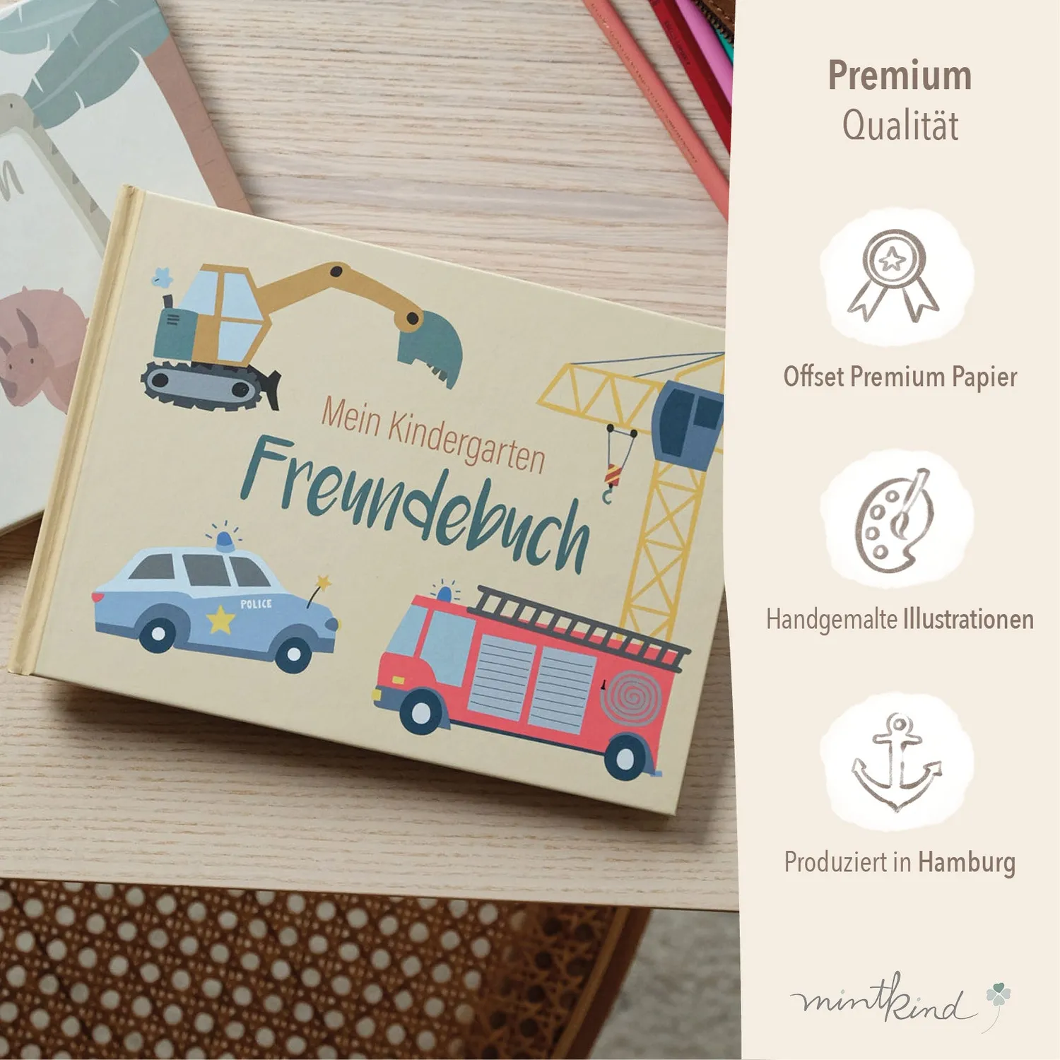 MINTKIND Kindergarten Freundebuch Fahrzeuge Hardcover 24 Freunde