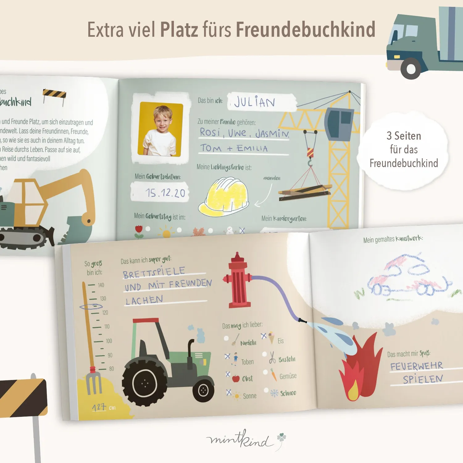 MINTKIND Kindergarten Freundebuch Fahrzeuge Hardcover 24 Freunde