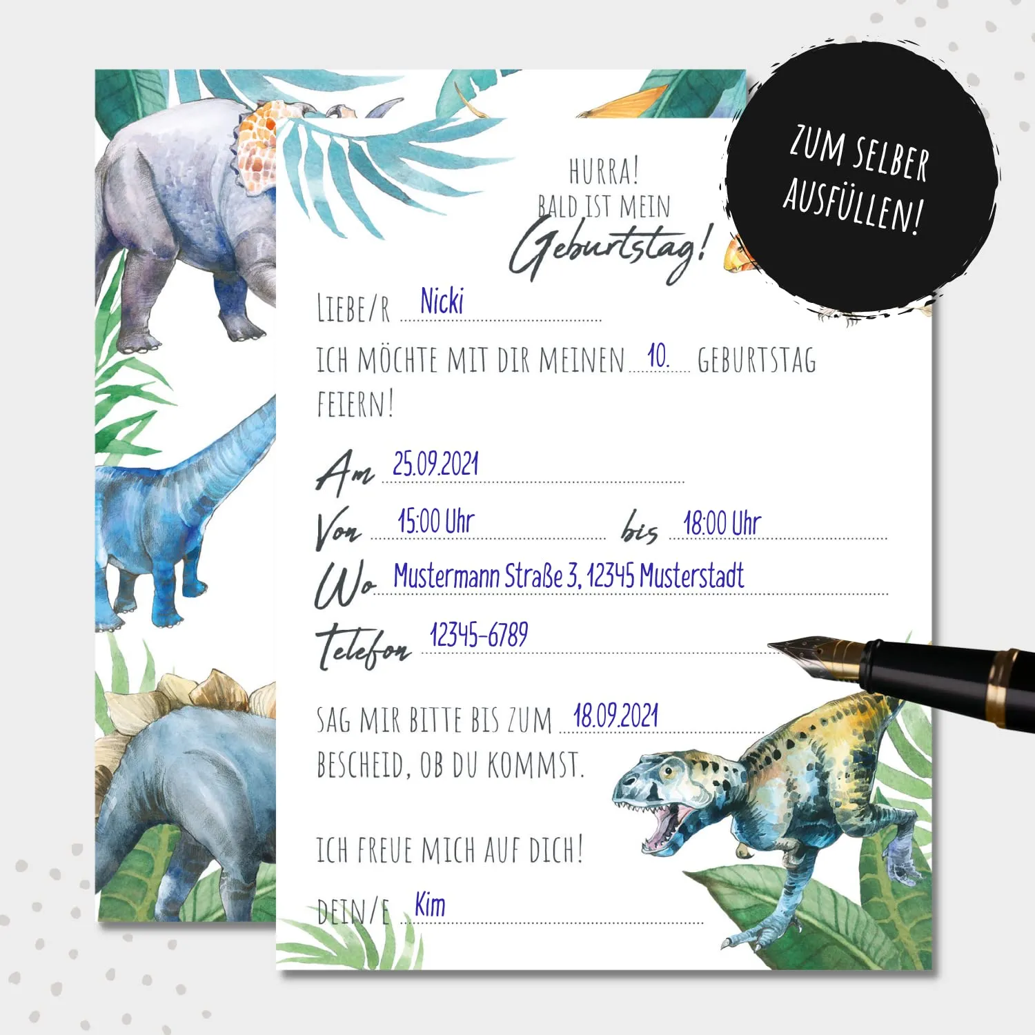 MeinBaby123 Einladungskarten Kindergeburtstag Dino 10er Set