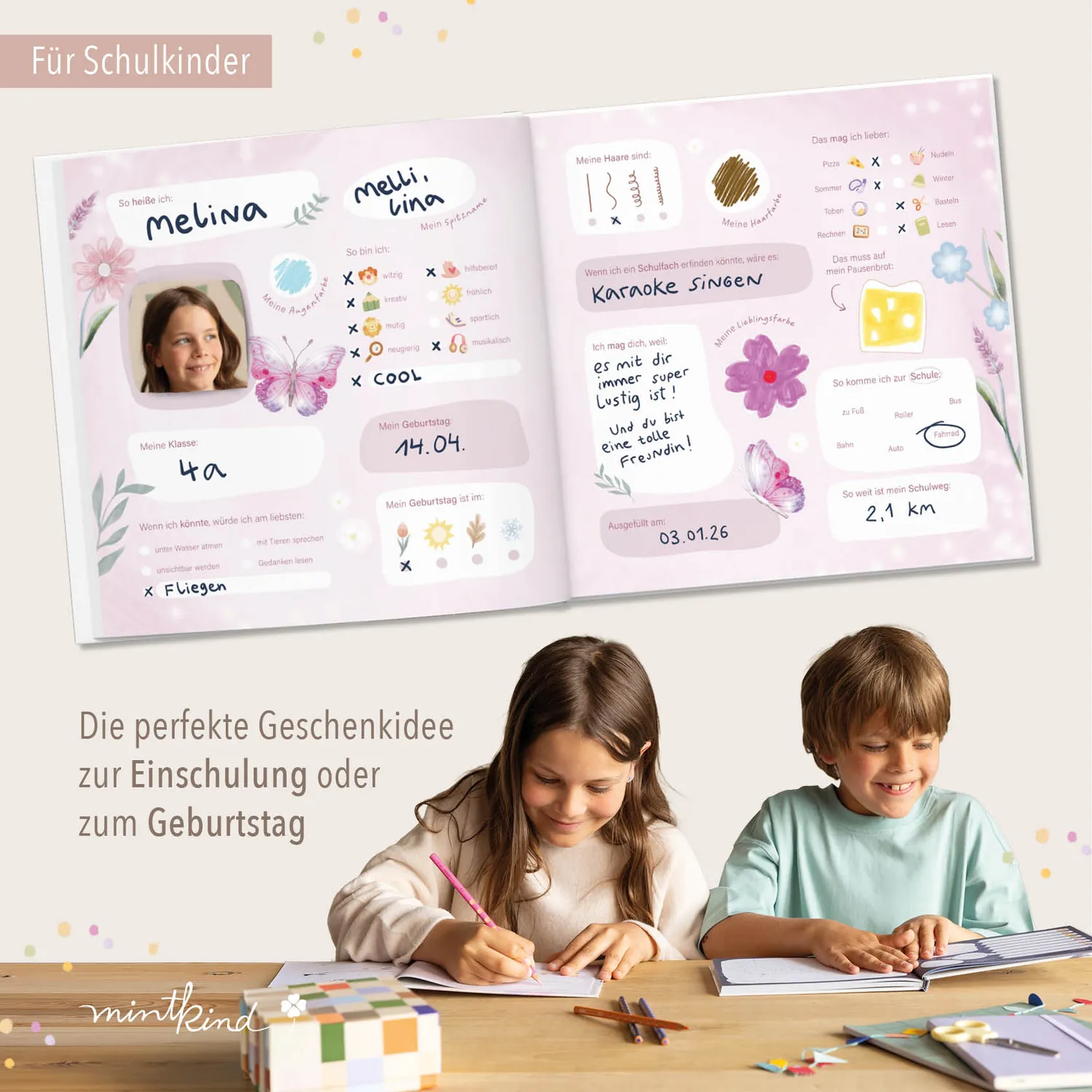 MINTKIND Freundebuch Schule Blumen 21x21 für 30 Freunde
