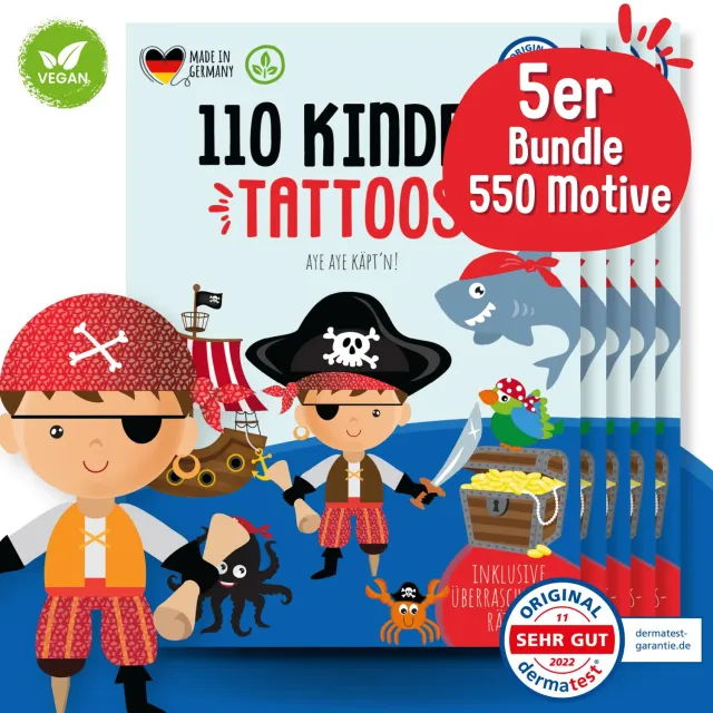 MeinBaby123 Kinder Tattoos Piraten 5er Set 550 Stück vegan