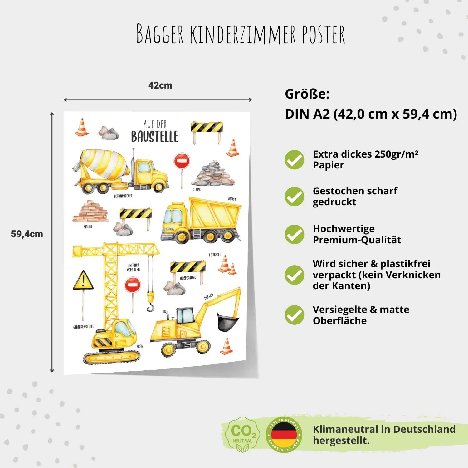 MeinBaby123 Kinderzimmerposter Bagger Poster A2 Baufahrzeuge
