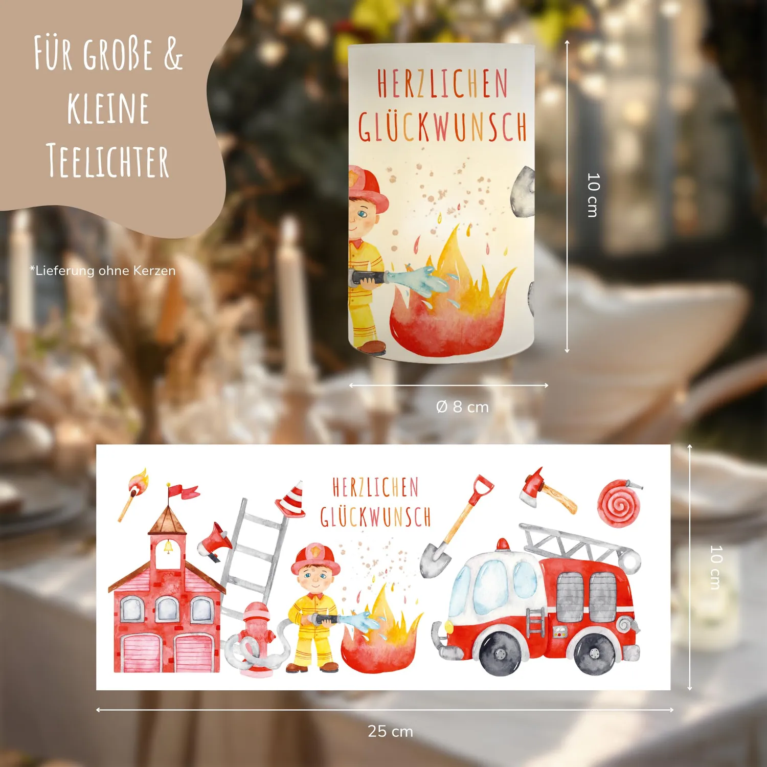 MeinBaby123 Windlicht Tischdeko Feuerwehr 10 Stück