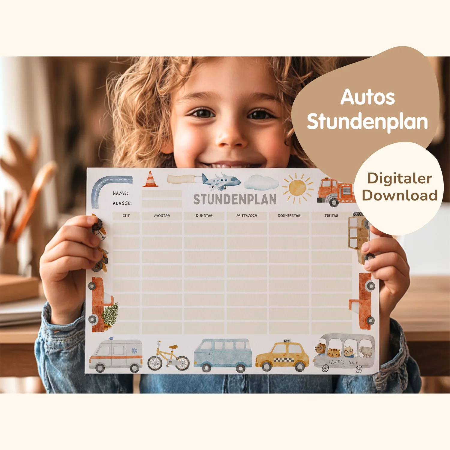 MeinBaby123 Stundenplan Autos PDF zum Ausdrucken A4