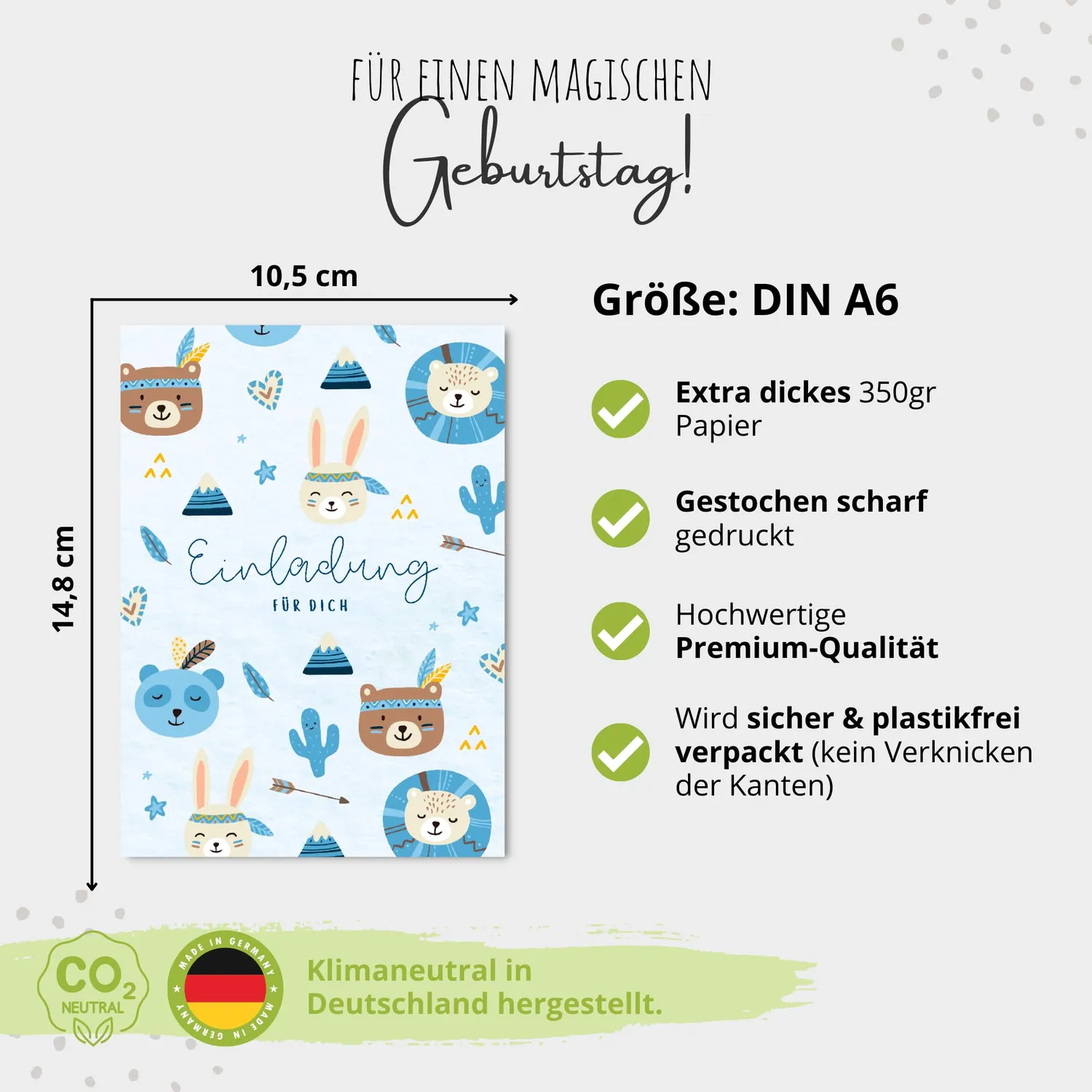 MeinBaby123 Einladungskarten Kindergeburtstag Boho Blau 10er Set