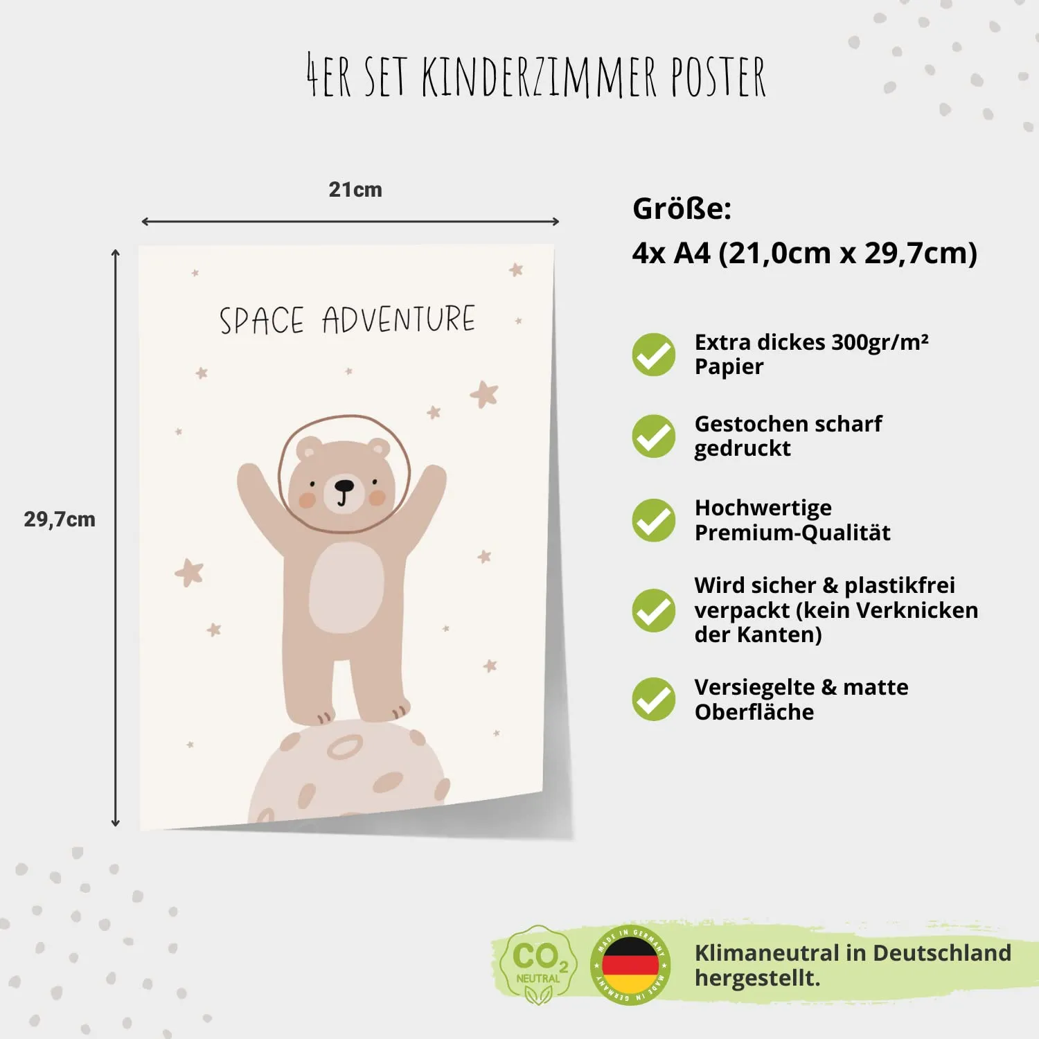 MeinBaby123 Kinderzimmerposter 4er Set A4 Poster Tiere Astronaut