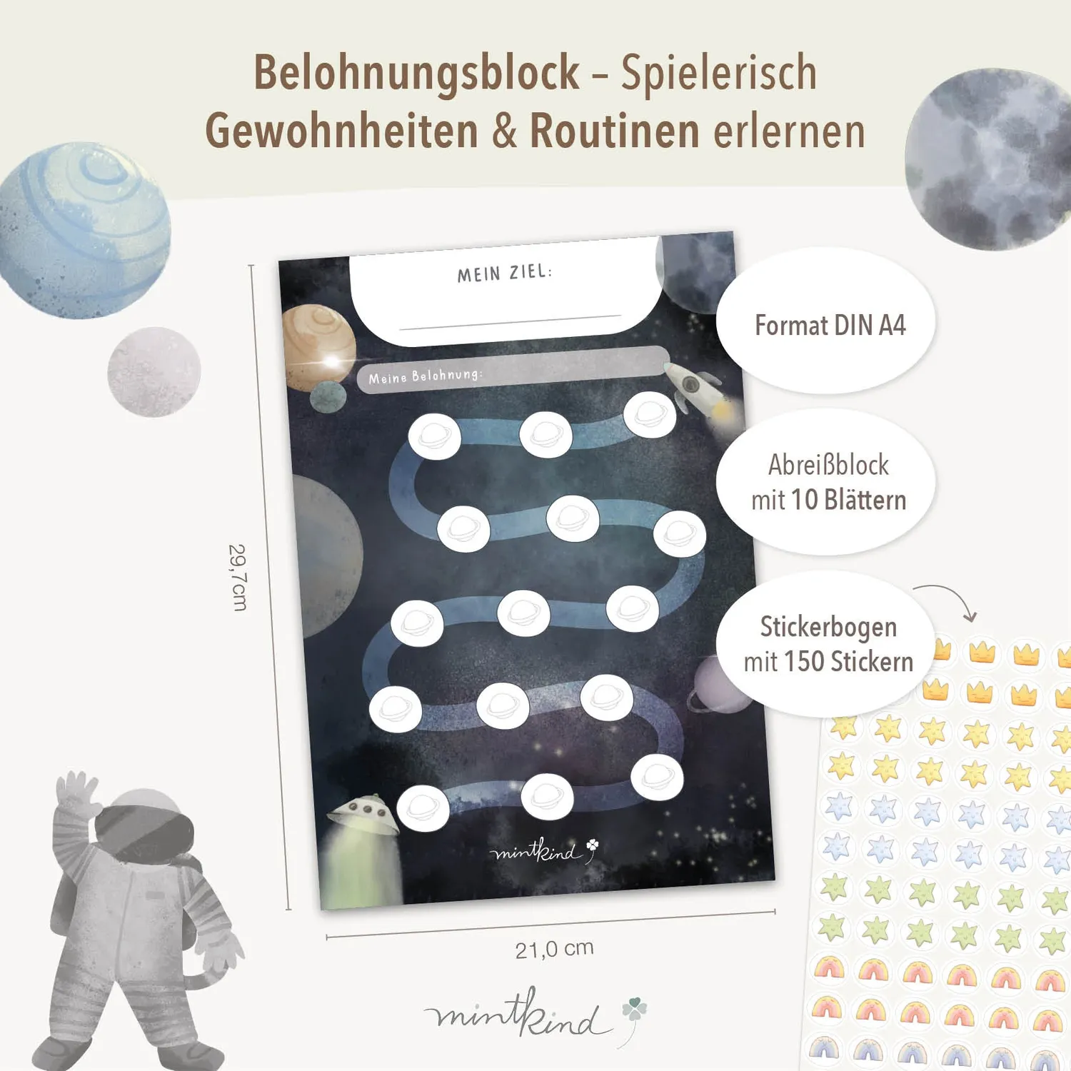 MINTKIND Belohnungsblock Weltraum Stickerplan DIN A4 150 Sticker