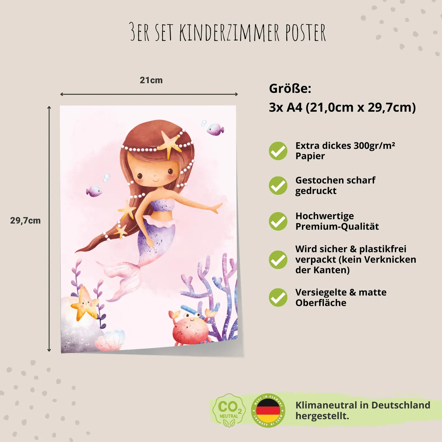 MeinBaby123 Kinderzimmer Poster 3er Set A4 Meerjungfrauen