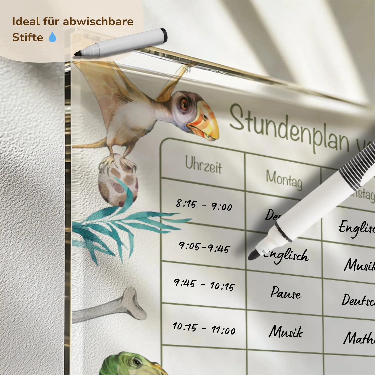 MeinBaby123 Stundenplan Dinos Acryl A4 mit Holzhalterung abwischbar