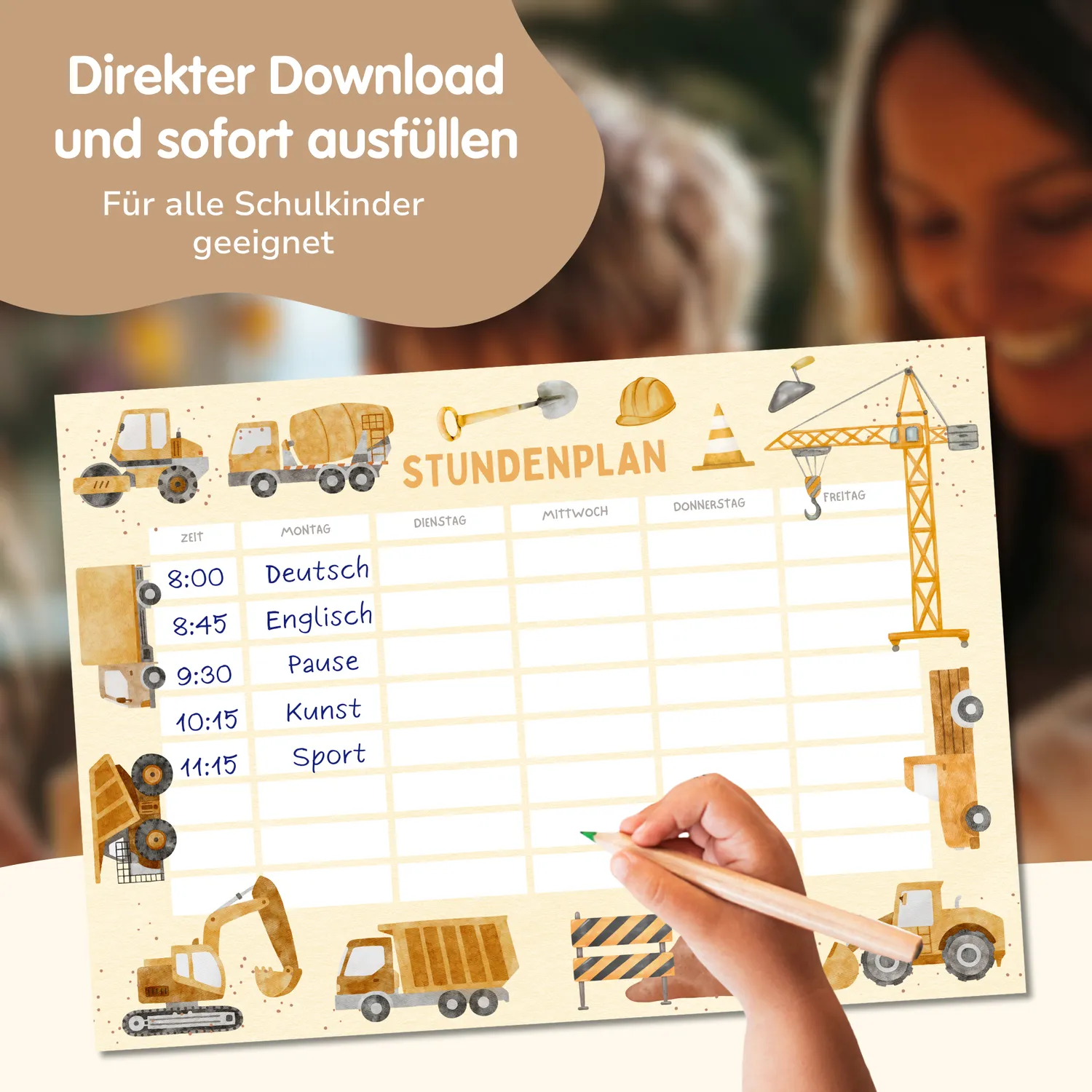 MeinBaby123 Stundenplan Bagger zum Ausdrucken A4 PDF