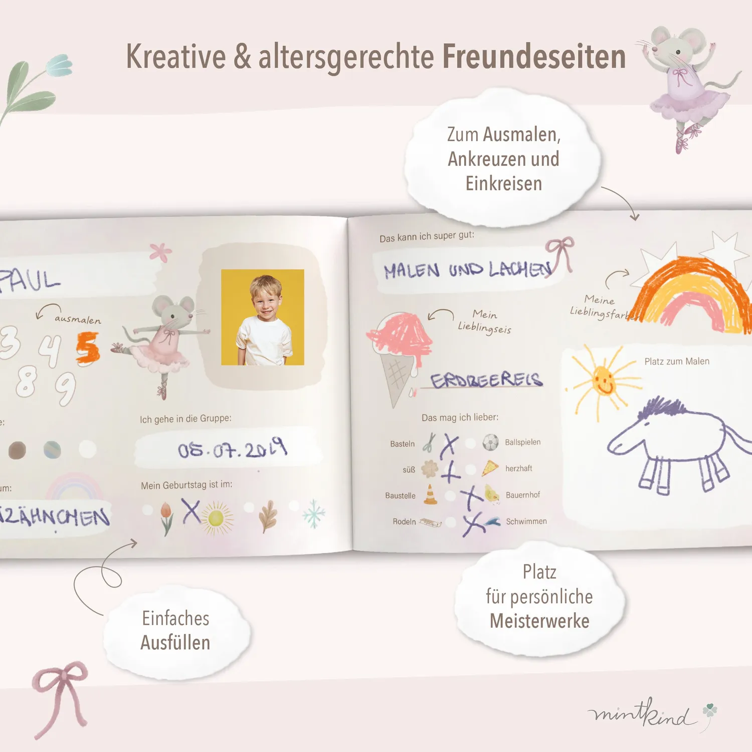 MINTKIND Kindergarten Ballerina Freundebuch 25 Seiten Rosa