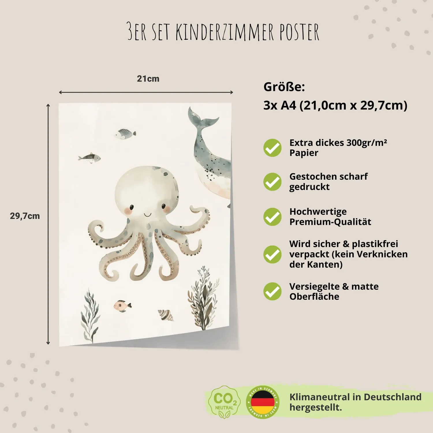 MeinBaby123 Kinderzimmerposter 3er Set A4 Unterwasserwelt Poster matt