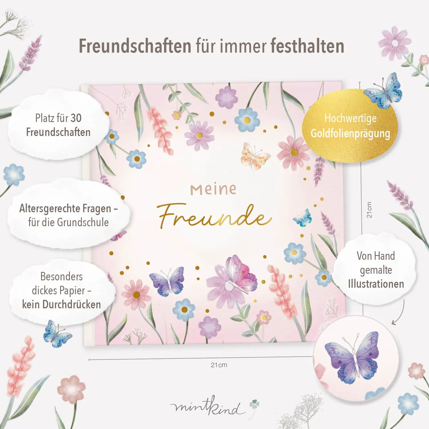 MINTKIND Freundebuch Schule Blumen 21x21 für 30 Freunde
