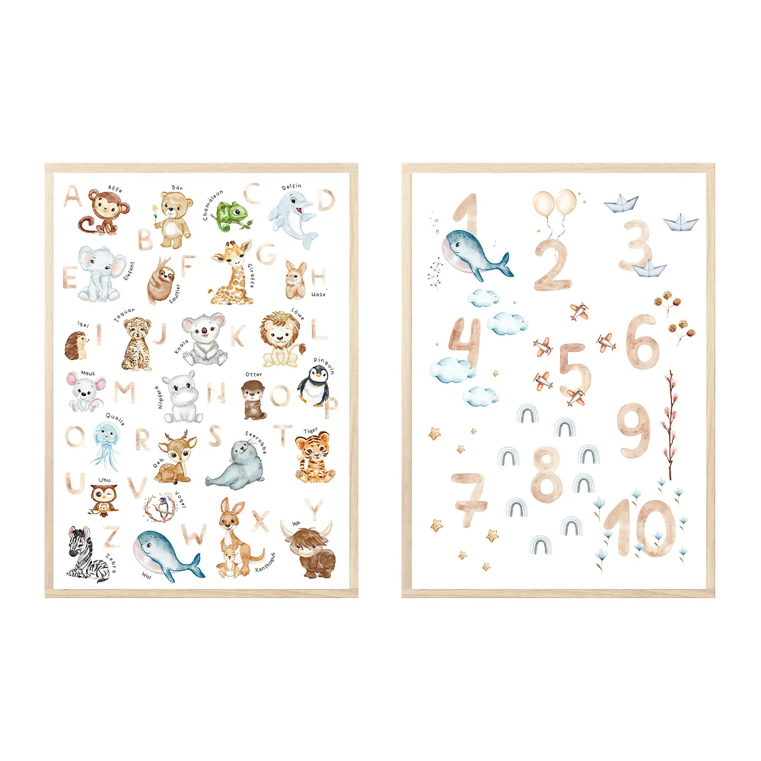 MeinBaby123 Lernposter ABC Zahlen Poster 2er Set A4 Tiere
