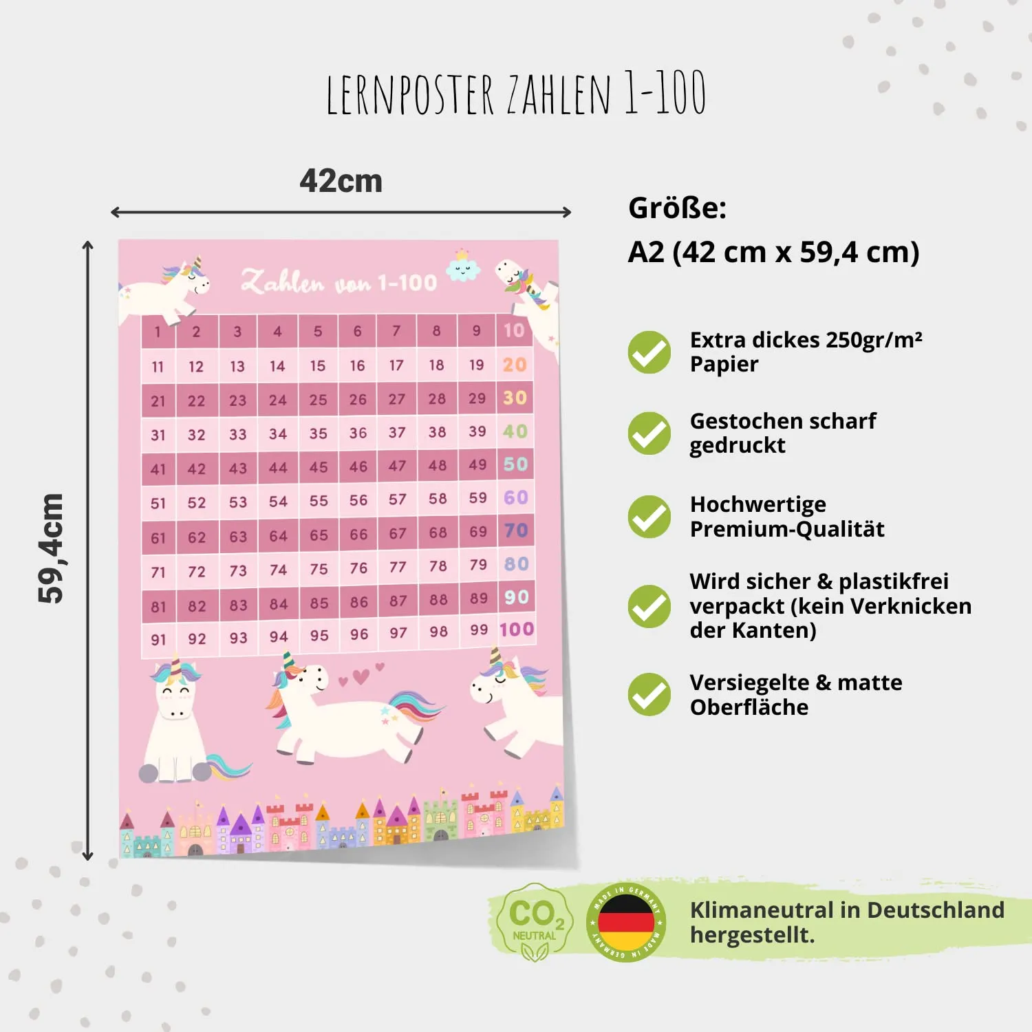 MeinBaby123 Einhörner Lernposter Zahlen 1-100 A2 matt