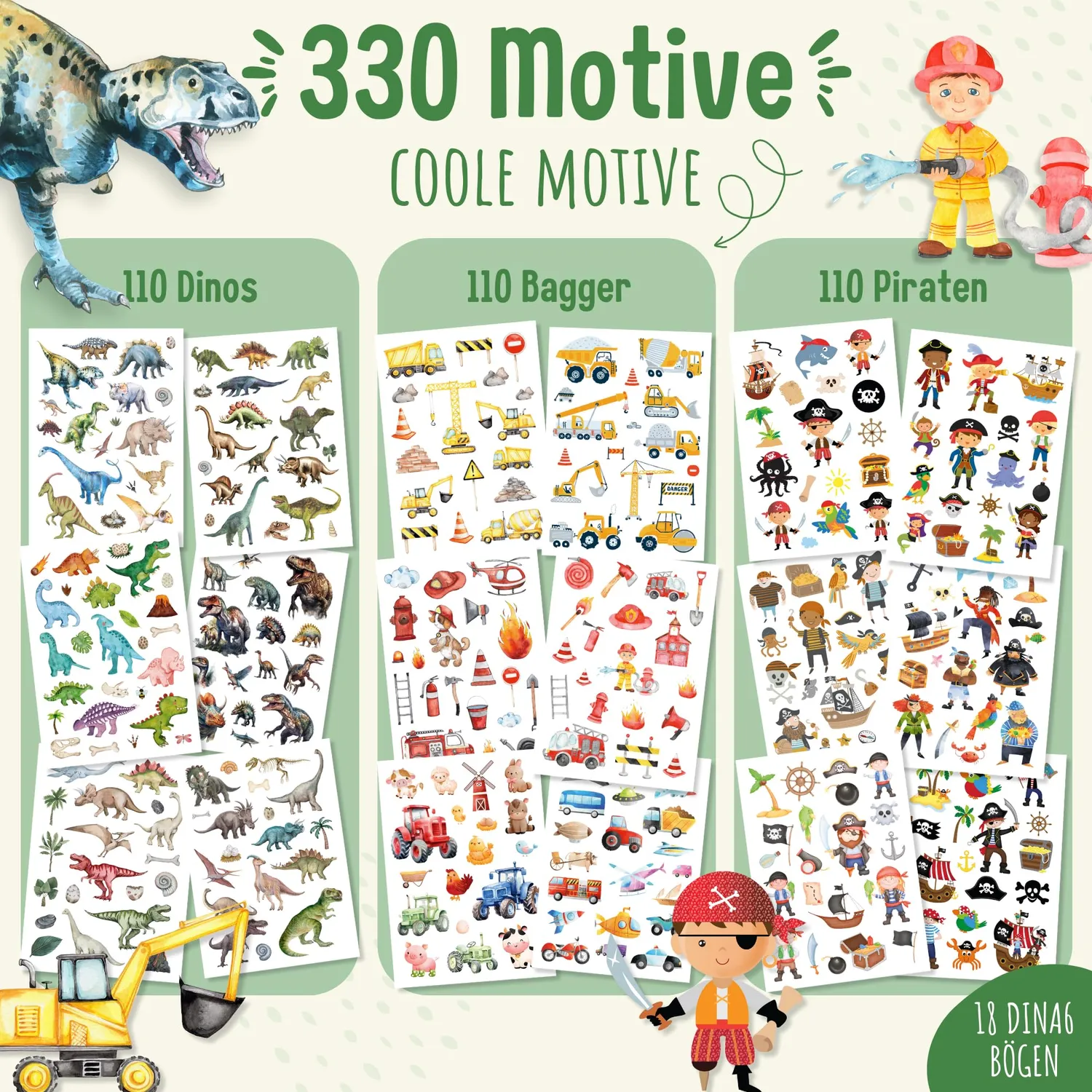 MeinBaby123 Kindertattoos 3er Set Dinos Piraten Fahrzeuge