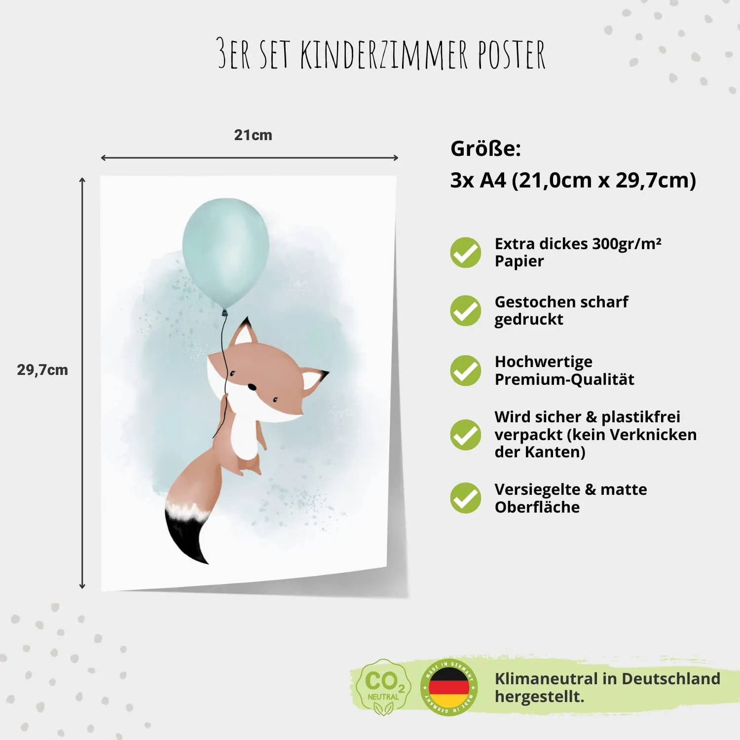 MeinBaby123 Poster Kinderzimmer 3er A4 Luftballon Fuchs Mint