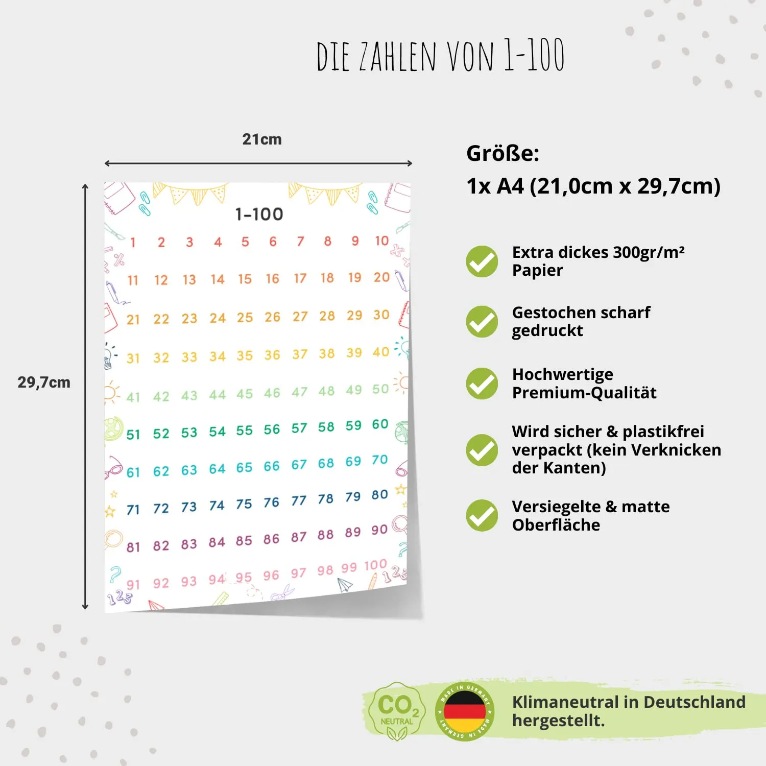 MeinBaby123 Zahlen 1-100 Lernposter A4 bunt