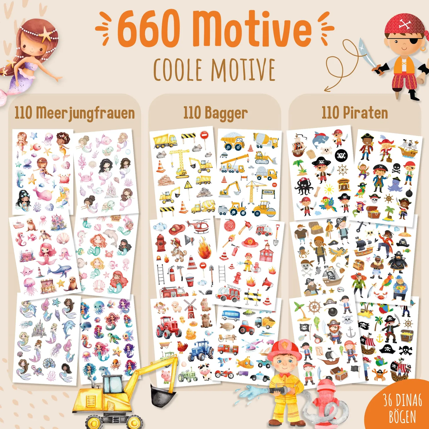 MeinBaby123 Mix Motive Kinder Tattoos 6er Set 660 Stück