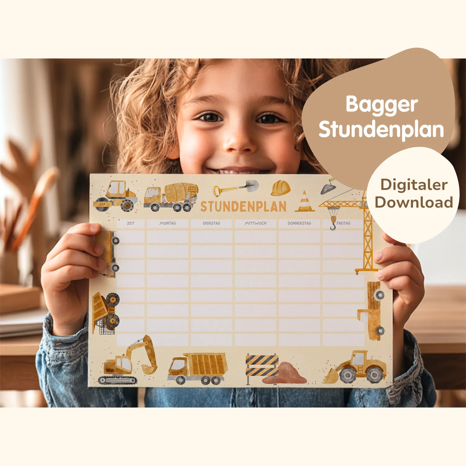 MeinBaby123 Stundenplan Bagger zum Ausdrucken A4 PDF