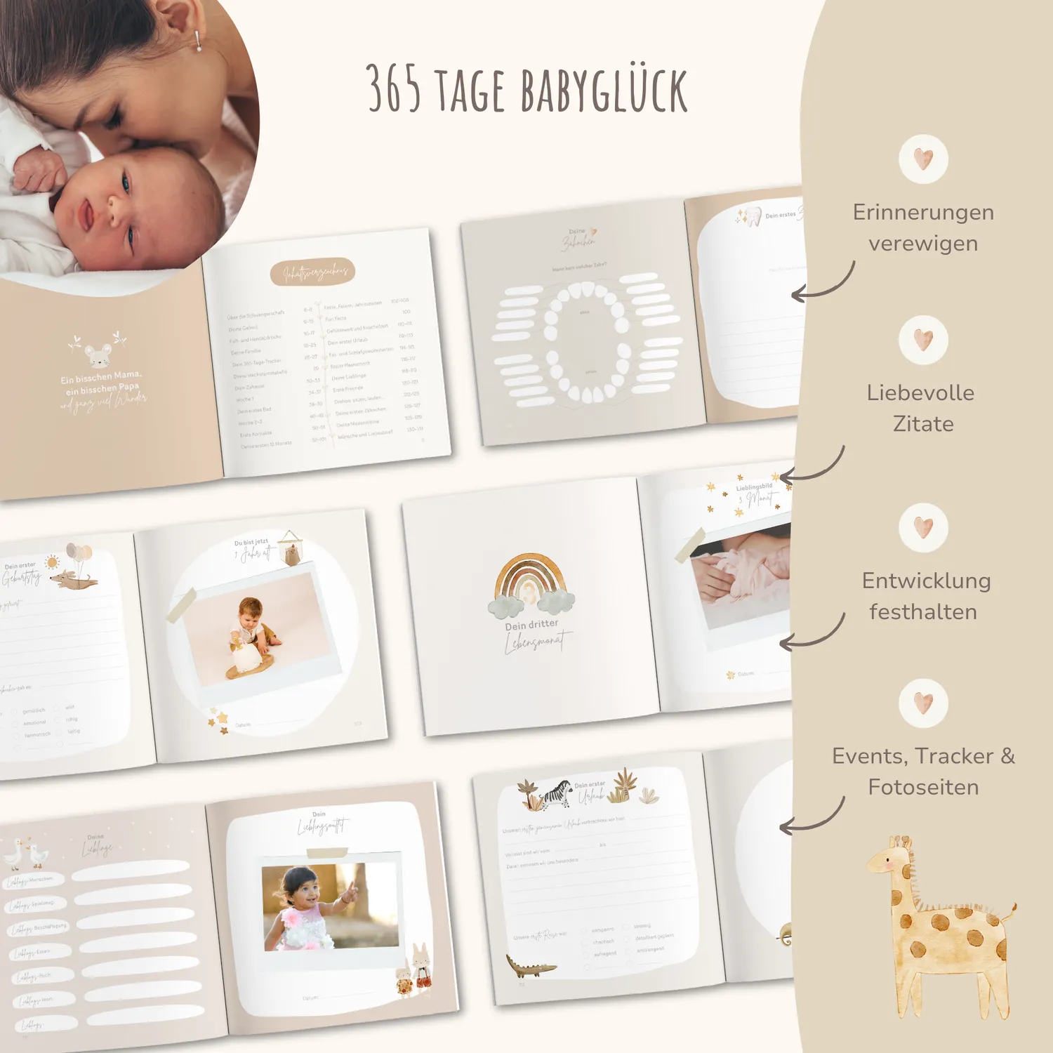 MeinBaby123 Dein erstes Jahr Babyalbum Geschenkset beige Komplett-Set